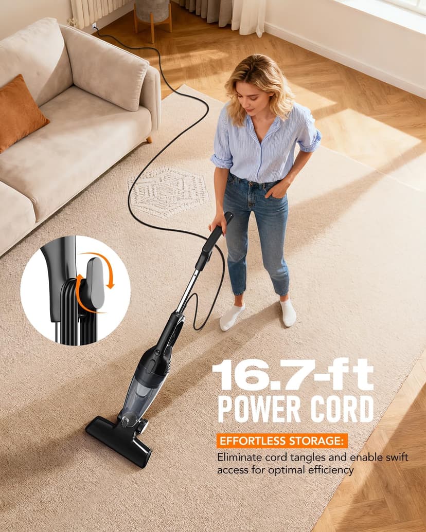 Avvnee Corded Stick Vacuum Cleaner – 15000Pa Strong Suction 600W Motor, Ultra-Light 3 lbs Design for Pet Hair, Hard Floors & Low-Pile Rugs | Includes Crevice Tool, 1L Dust Cup, 16.7ft Cord (Black)