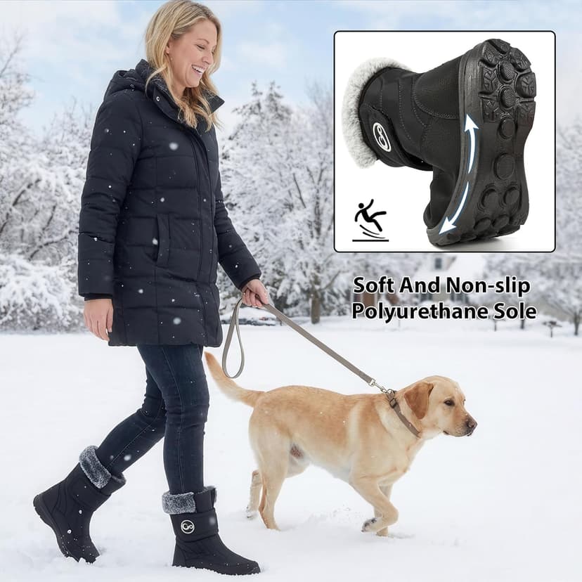Almusen Snow Boots for Womens Winter Shoes: Warm Fur Lining Mid Calf Boots Women Anti Slip Waterproof Hook Loop Comfortable Outdoor Boot