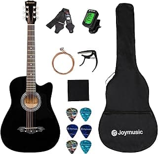 Joymusic 38 inch black beginner acoustic guitar,bundle with a strap with picks holder,digital tuner, set strings, capo,cleaning cloth,6 picks,gig bag.(JG-38C,BK)
