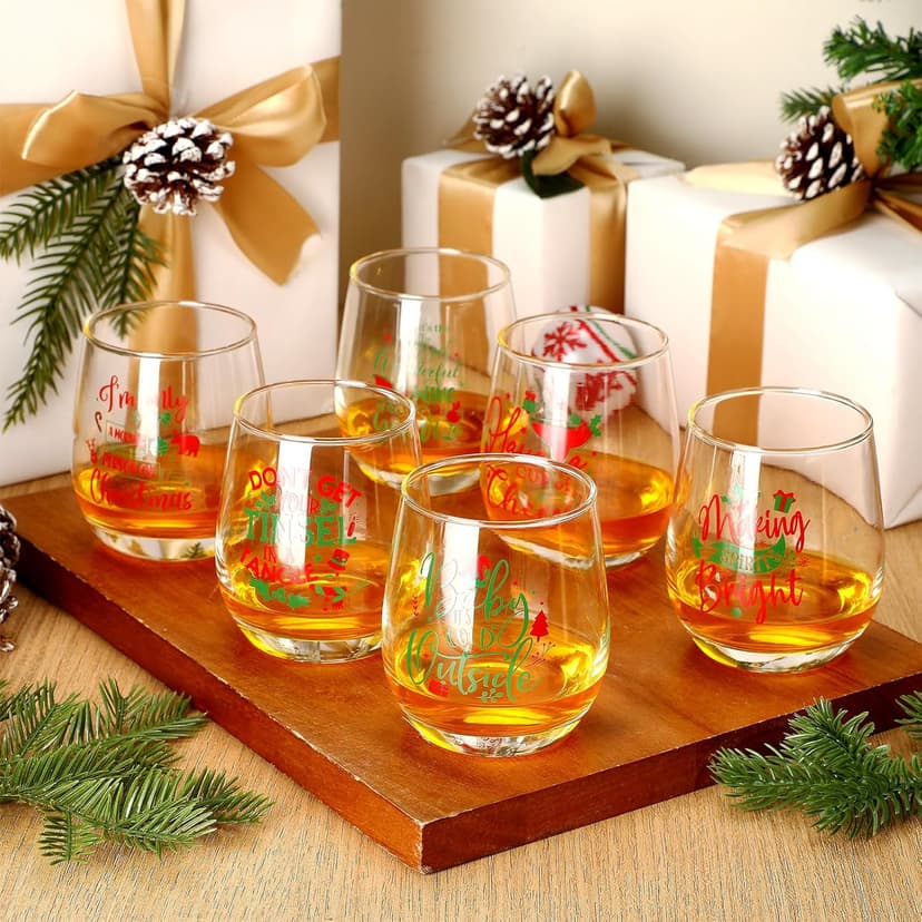 Funtery 6 Pcs Christmas wine Stemless Glass Funny Christmas Gift Set for Teacher Men Women Family Friend Coworker, Gift Ideal Birthday Wedding Party Supplies(Novel Style)