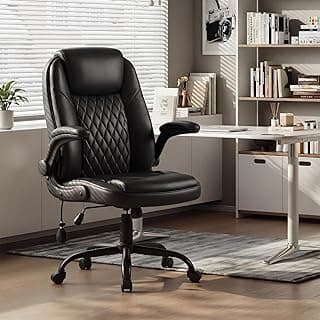 MALOL Leather Office Chair, Computer Desk Chair with Adjustable Lumbar Support, Thick Cushion, Flip-Up Arms and Ergonomic Back, Comfy Executive Office Chair for Home Office Gaming,Black