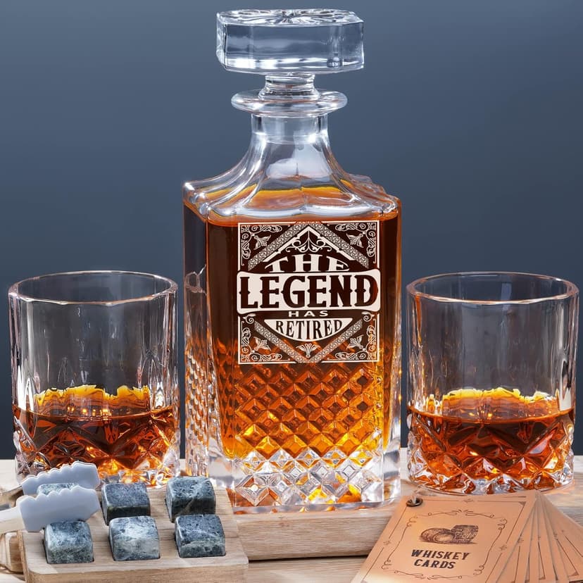 PONPUR The Legend Has Retired 2025 Retirement Gifts for Men Women Stocking Stuffers, Whiskey Decanter Gift Set with 2 Whisky Glasses, Best Christmas Birthday Presents for Dad Coworkers Teacher