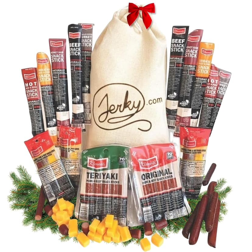 Jerky.com Gift Bag for Men | 26 Piece Meat Sticks Gift Basket with Beef Sticks, Pork, Turkey, Ham & Cheese Sticks | High Protein Snack Variety Pack | Gluten-Free Jerky Gifts for Men | Birthday Gift Basket for Him