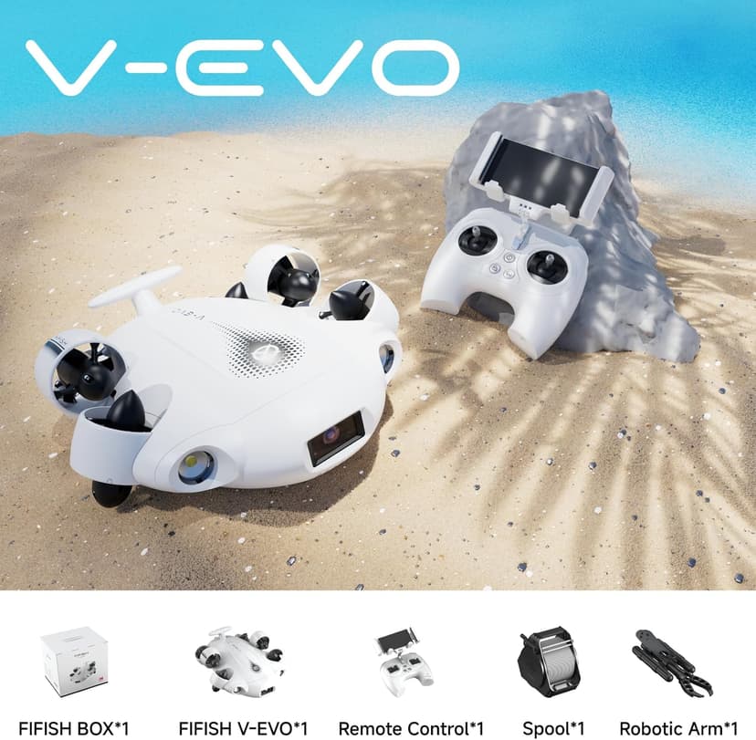 【2025 New】FIFISH V-EVO 4K60FPS Underwater Drone with Robotic Arm, with Removable SD Card, QYSEA AI Vision Lock 360° Omnidirectional Movement Underwater ROV with Depth Hold,330ft Dive