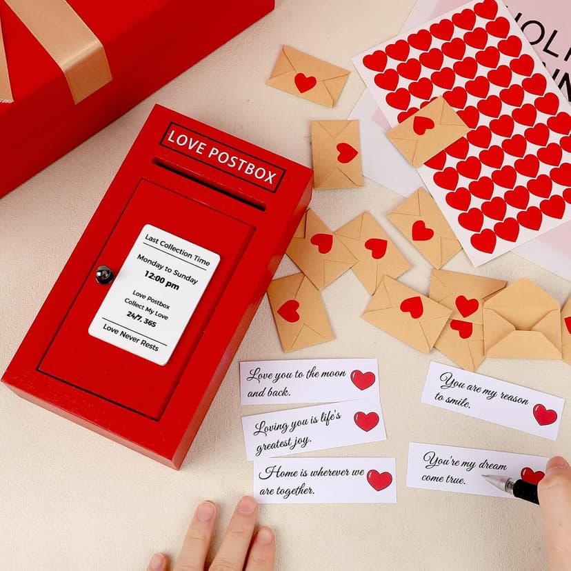 Red Wooden Mailbox, Interactive Opening Door, Cute Christmas Anniversary Valentines Day Gifts for Him Husband Boyfriend Romantic Wooden Love Postbox Set, 50 Mini Love Notes and Envelopes B0DQVG86TF