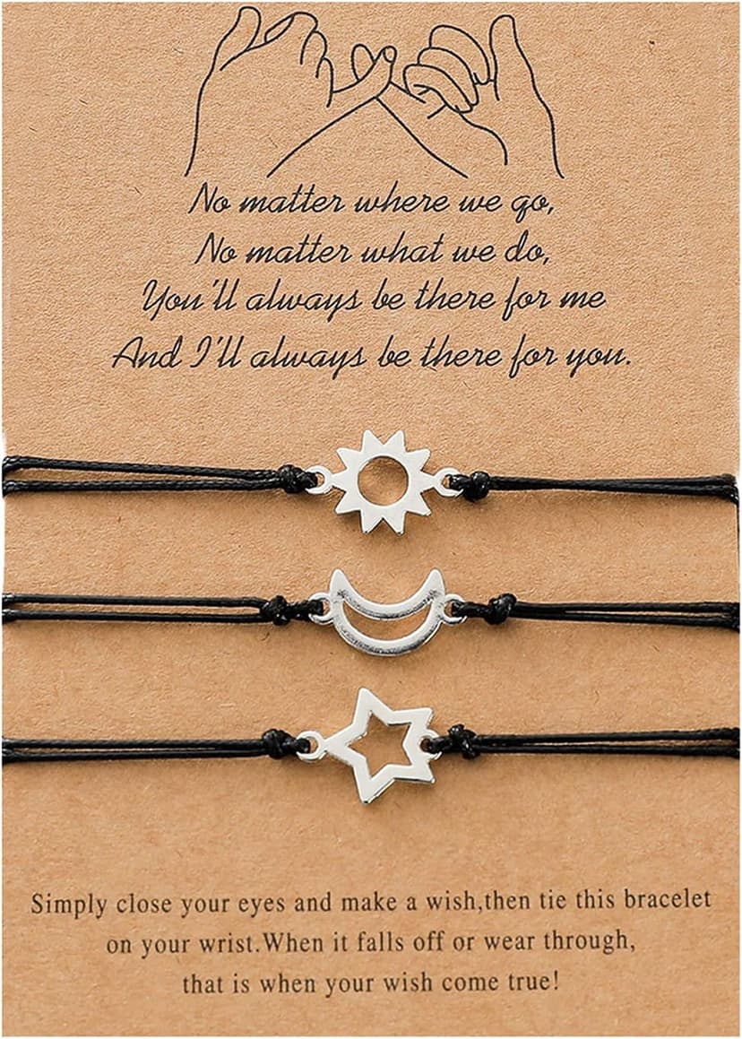 GUMOTCY 3 PCS Friendship Bracelets for 3 Best Friend Couples with Moon Sun Star Adjustable Handmade Cord Relationship Bracelets