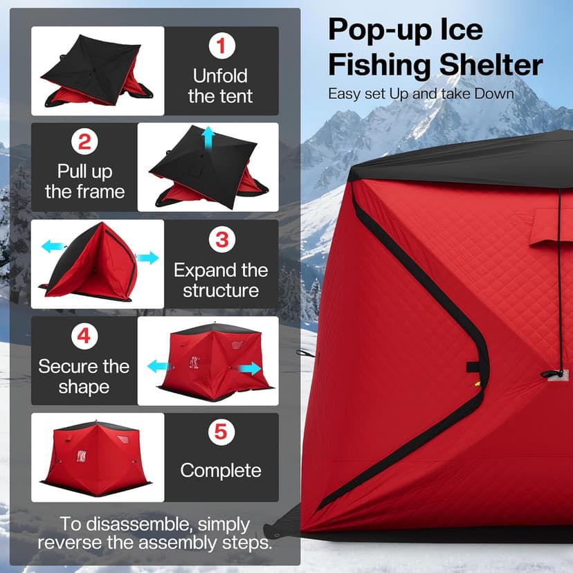 Albott Insulated Pop-Up Ice Fishing Tent, Ice Shanty with Oxford Fabric, Waterproof Rain Cover, Chimney Vent, Anchors, Ropes, Carry Bag, Insulated and Warm Large Fishing Area