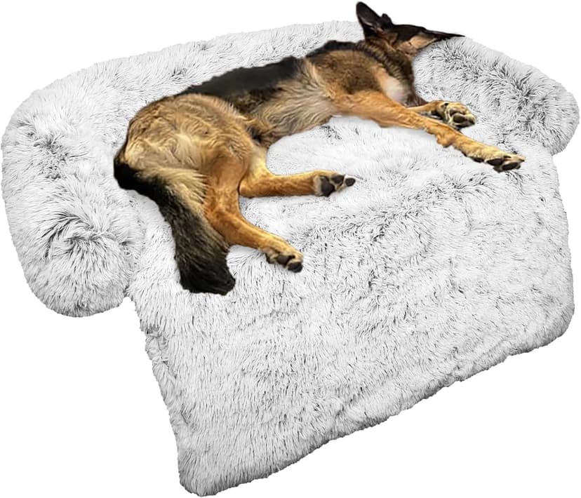 Calming Dog Bed Fluffy Plush Dog Mat for Furniture Protector with Removable Washable Cover for Large Medium Small Dogs and Cats (Large, Light Grey)