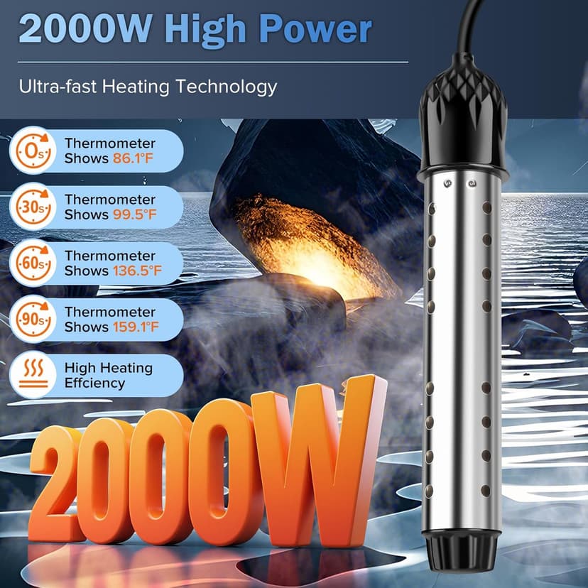 Portable Water Heater 2000W, Pool Heater - Immersion Heater with Digital Thermometer, Upgraded Magnesium Oxide Heating for Fast Heating, for Small Pools, Bathtubs, Buckets, Tanks