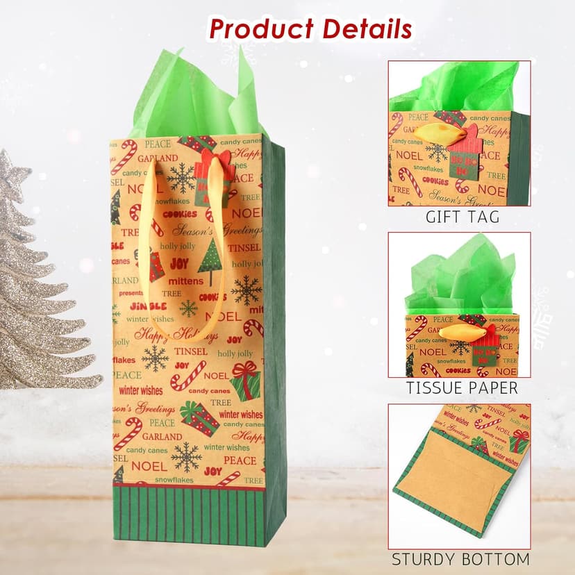 Nihuecne 16 Pack Christmas Wine Bags with Tags & Tissue Paper for Xmas Holiday Gift Wrap,8 Designs (5 x 13 x 4 In)