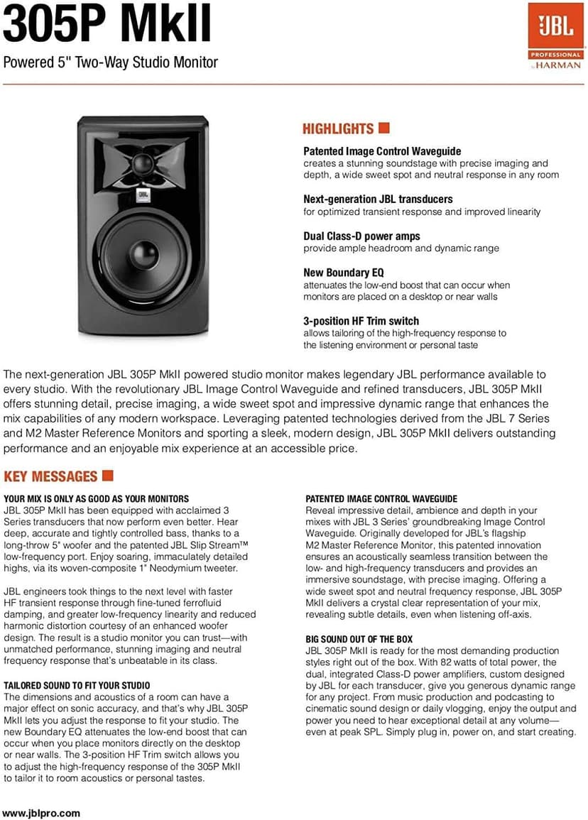 (2) JBL 305P MkII 5" 2-Way Active Powered Studio Reference Monitors Speakers