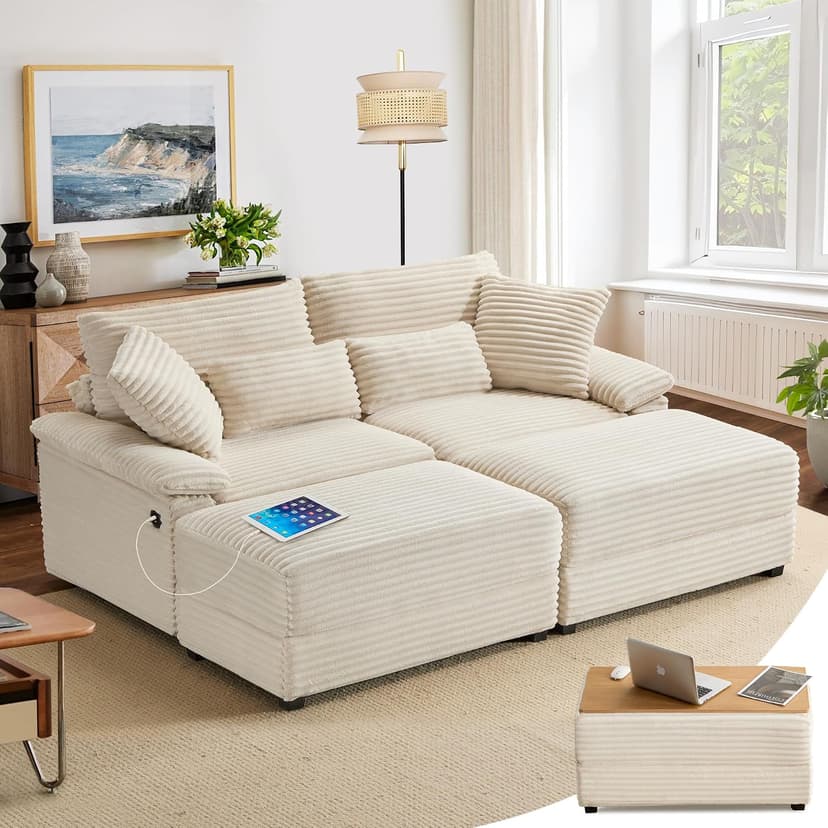 SUNWAVE 74" W Double Chaise Lounge Chair Indoor, Oversized Loveseat with Storage Ottoman, Corduroy Couch with USB Charging, Removable Ottoman, and Coffee Table Cushions for Living Room Bedroom
