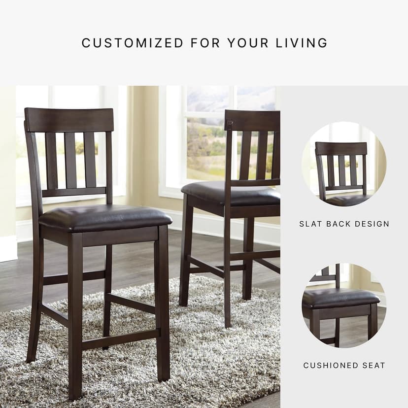 Signature Design by Ashley Haddigan Upholstered Barstool, 2 Count, Slat Back Design, Cushioned Seat, Wood, 25.5" H, Dark Brown