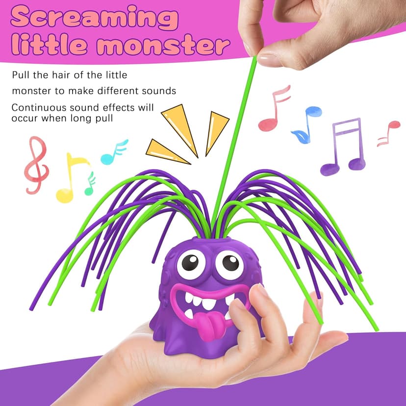 4PCS Fun Hair Pulling Fidget Screaming Monster Toys, Anti Anxiety Toys and Venting Novelty Toys, Different Screams Made by Hair Pulling, Halloween Christmas for 3 4 5 6 7+ Kids Teen Boys Girls Gifts