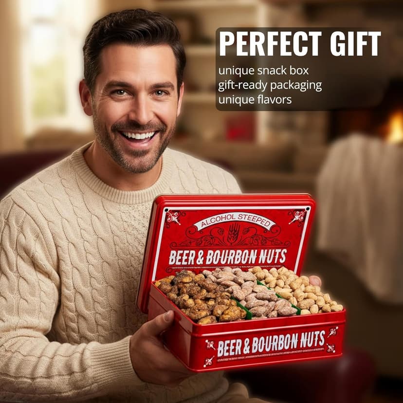 Nuts Gift Basket for Men - Cashews, Almonds, Peanuts in Unique Tin Gift Box – Birthday Gift for Men, Food Gift Basket for Men, Dad, Care Package, Assorted Nuts, Healthy Snack Gift Basket