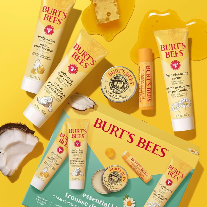 Burt's Bees Christmas Gifts - Essentials Everyday Set, 5 Travel Size Products for Stocking Stuffers - Deep Cleansing Cream, Hand Salve, Body Lotion, Foot Cream and Original Lip Balm