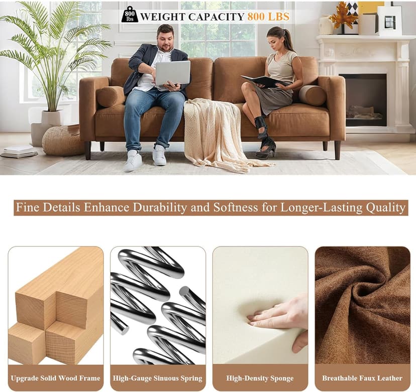 HIFIT Sofa Couches, 79” Mid-Century Modern Couch, Breathable Faux Leather Couch with Upholstered Cushions/Pillows, 3-Seat Sofas & Couches, for Living Room Apartment Office, Brown