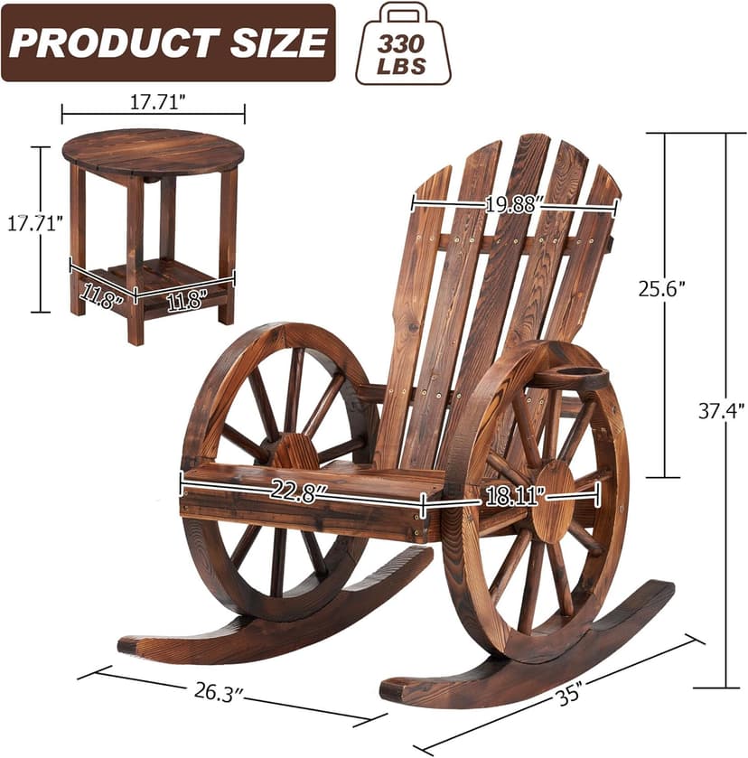 AHB Outdoor Wooden Rocking Chairs Set, Wagon Wheel Armrest Yard Glider Patio Chair with Small Table for Coffee Break, Adirondack Rocking Chair for Summer Lawn Garden Balcony, Brown (3 PCS)