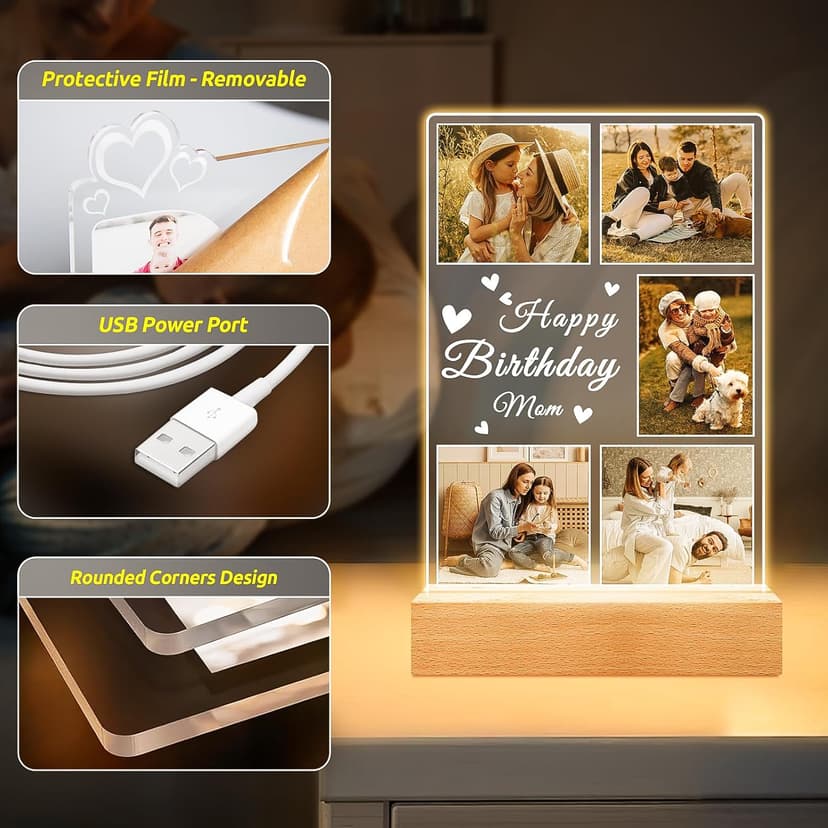 Personalized Birthday Gifts for Mom from Daughter Son, Custom Collage Picture Frames with Photo, Customized Photo Frame with Night Light, Personalized Christmas Photo Gifts for Mom Baby Kids Family