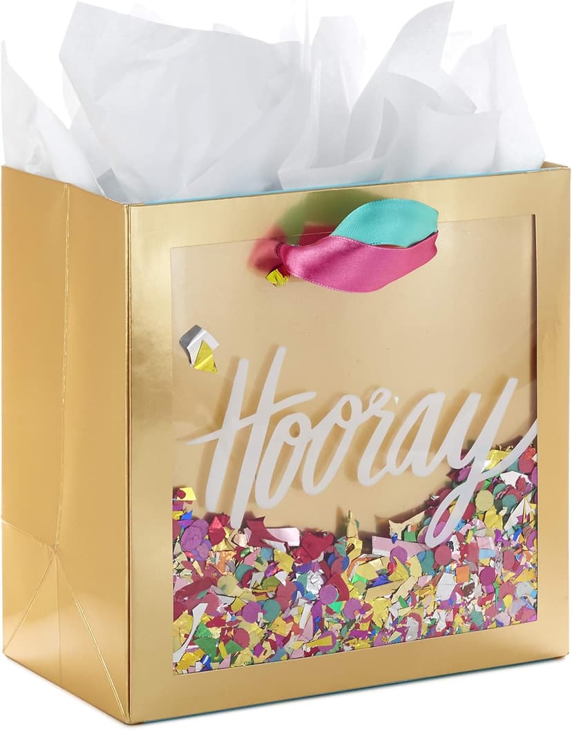 Hallmark Signature 7" Medium Gift Bag with Tissue Paper (Hooray; Gold with Pink, Teal, Purple Confetti) for Bridal Showers, Graduations, Retirements and More