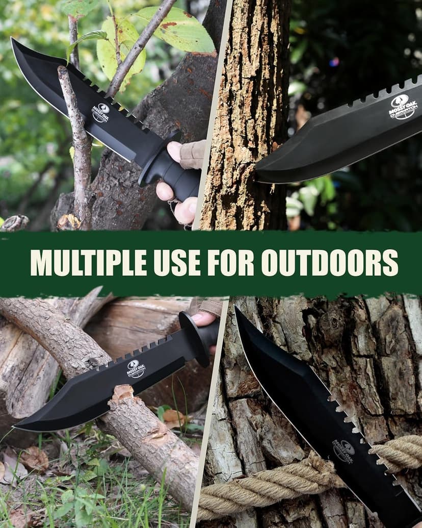 Mossy Oak Survival Hunting Knife with Sheath, 15-inch Fixed Blade Tactical Bowie Knife with Sharpener & Fire Starter for Camping, Outdoor, Bushcraft