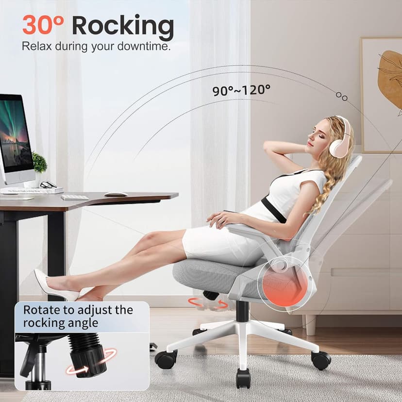 GTPLAYER Ergonomic Office Chair with Flip-up Armrests Executive Computer Chair for Home Office, Breathable Mesh & Comfy Lumbar Support, Moon Gray