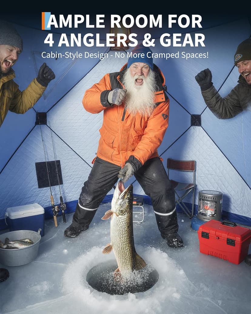 3-4 Person Pop-Up Ice Fishing Shelter – Portable Windproof & Insulated Hub-Style Shelter with 210d Oxford Fabric | Includes Anchors, Ropes & Carry Bag | Quick-Setup Ice Shanty for Winter Fishing