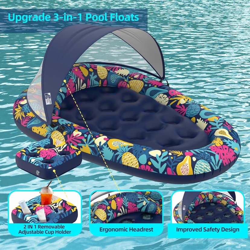 Sunikko X 3-in-1 Pool Floats with Canopy Cup Holder, Tanning Pool Large 73" x 48" Float Adult Heavy Duty, Inflatable Lounger Raft Floating Chair with Backrest, Swimming Pool Lake Beach Party