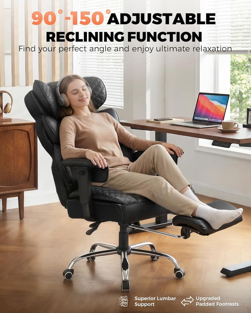 COMHOMA Big and Tall Office Chair with Upgrade Footrest, Heavy Duty Gaming Chair High Back Executive Chair with Spring Lumbar Support for Lower Back Pain Relief, 150°Reclining Adjustable Armrests
