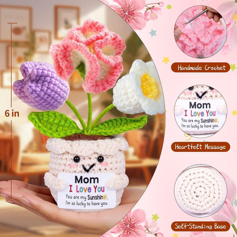 Gifts for Mom from Daughter Son, Mom Birthday Gifts, Gift for Moms Mother in Law Step Mama Mommy, Mother's Day Birthday I Love You Present for Moms, Cute Handmade Crochet Positive 3 Flowers Doll B0GCD9J6NC