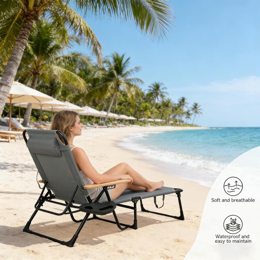 Folding Lounge Chair with Canopy, Tanning Chair with 4-Position Reclining Back, Folding Sun Lounger, Outdoor Lounge Chair for Beach, Poolside, Backyard, Camping, UPF 50+ Sun Shade, 300 LBS