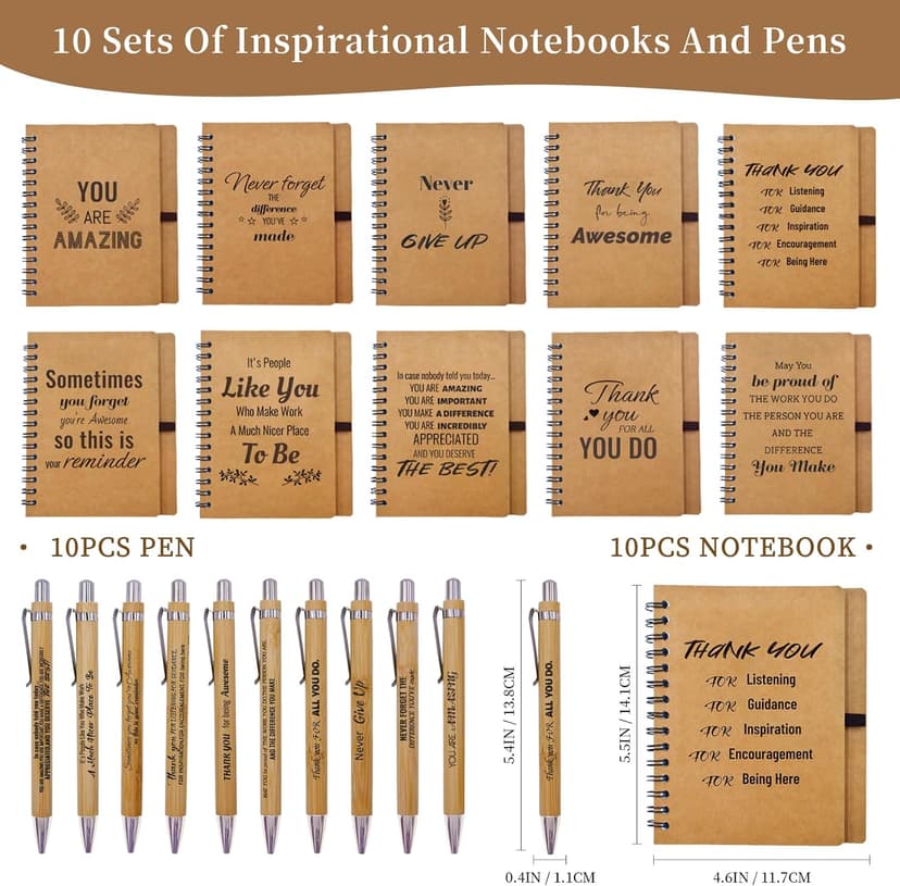 20 Pcs Christmas Employee Appreciation Gifts Bulk - 10 Sets of Inspirational Spiral Notebooks with Motivational Pens, Small Notepads for Coworkers, Office Staff, Team, Nurse, Teachers, Thank You Gifts