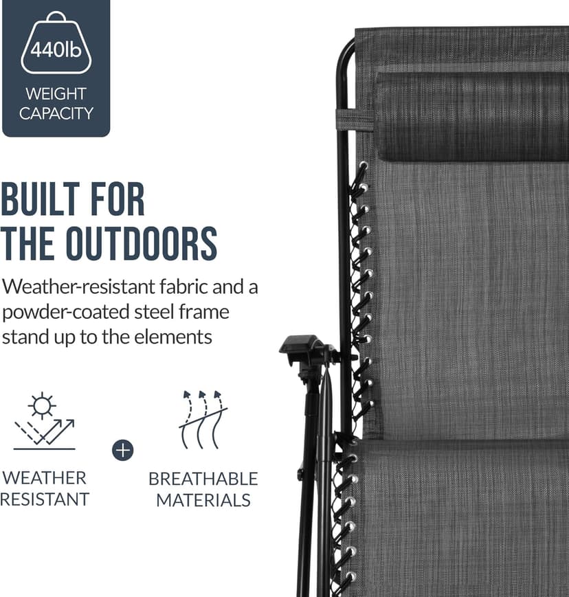 Best Choice Products Set of 2 Extra Wide Adjustable Steel Mesh Zero Gravity Lounge Chair Recliners w/Pillows and Cup Holder Trays - Gray