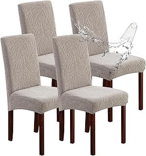 Genina 100% Waterproof Chair Covers for Dining Room Set of 4, Stretch Parson Chair Slipcovers for Kitchen Chairs, Washable Chair Protectors, Leaves-Warm Gray