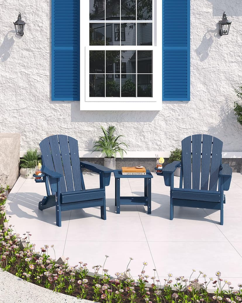 GarveeLife Folding Adirondack Chair Set of 2 with Side Table, All-Weather HDPE Outdoor Chair, Wooden Textured with Cup Holder for patios, Decks, Gardens, fire pits, Navy Blue