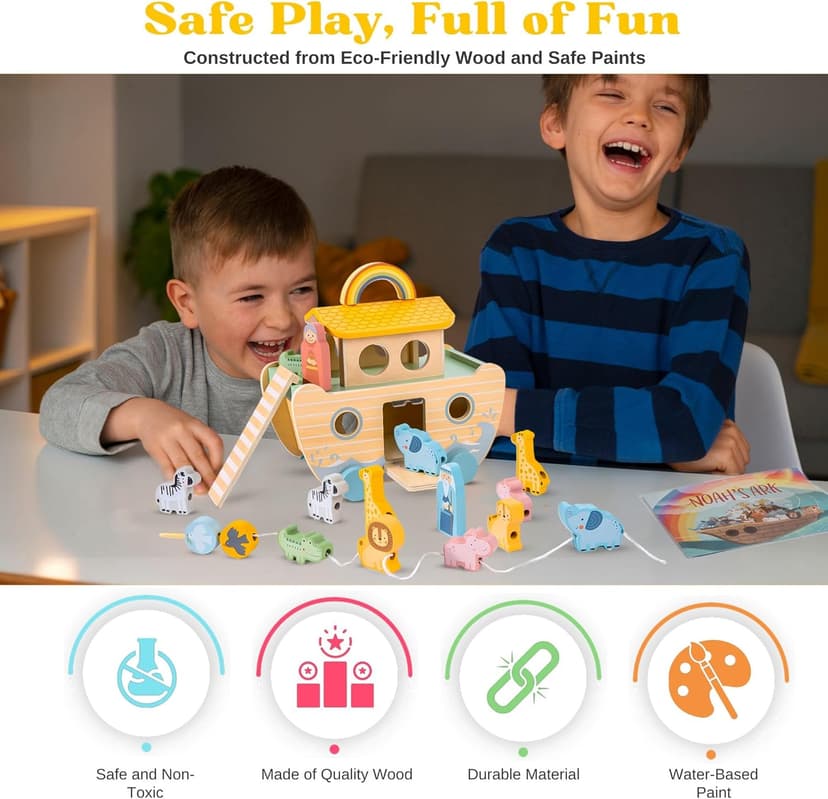 Wooden Noah’s Ark Toy - Baptism Gifts for Baby Girl, Boys & Kids | Fun Colorful Christening & Baptismal Gifts for Boys & Girls | Christian & Catholic Baby Gifts | Noahs Ark Toys for Toddlers from 2