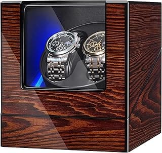 BEWISHOME BEWISHOME Watch Winder for Automatic Watches, Automatic Watch Winder Box Watch Spinner with LED Light, Double Watch Winder with Quiet Motor Wooden 4 Modes Battery or Type-C Adapter, Brown SYQ02Y