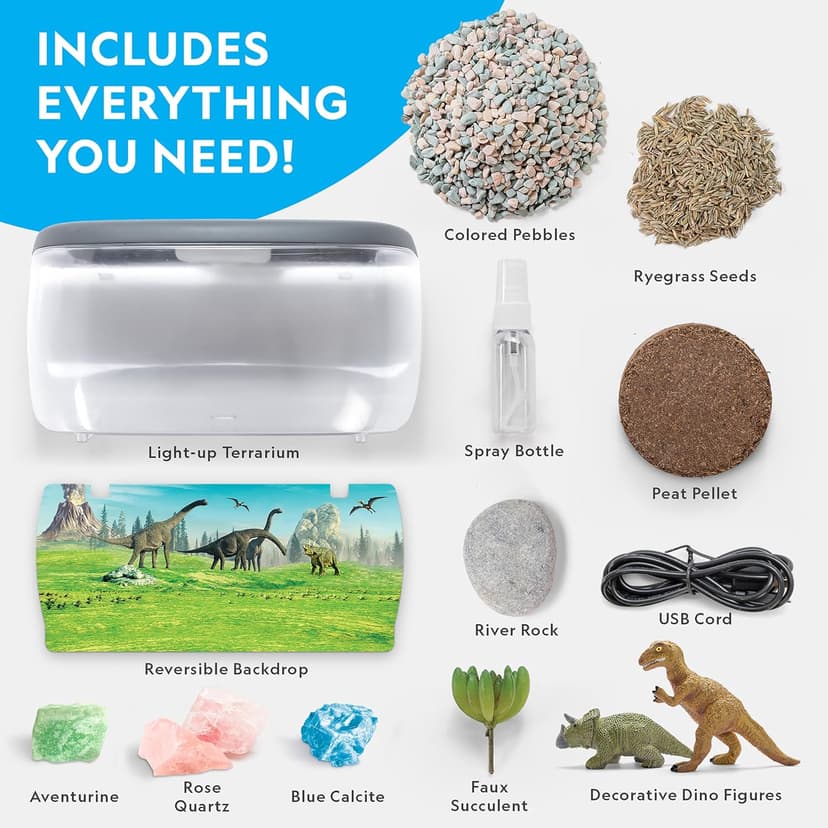 National Geographic Light Up Dinosaur Terrarium Kit for Kids – Build a Dino Habitat with Real Plants & Gemstones, Night Light, Science Kit, Dinosaur Toys for Kids Ages 6 7 8 9 (Amazon Exclusive)