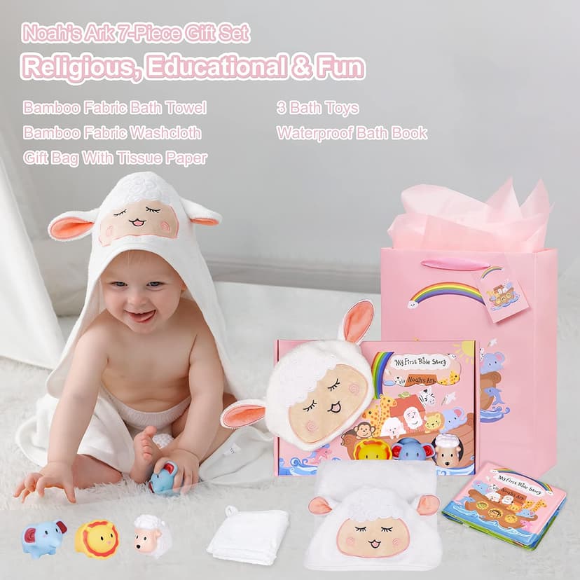 My First Noahs Ark 7 pcs Baptism Gift Set, Dedication, Christening and Baptism Gifts for Girl and Newborn Baby, Includes Washcloth and Hooded Towel,Baby Bath Book, 3 Bath Toys and Gift Bag