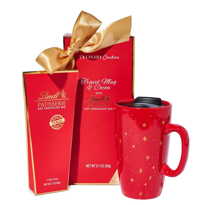 Travel Mug and Hot Cocoa Set, Includes Lindt Gourmet Hot Chocolate Mix and Ceramic Travel Tumbler with Lid in a Giftable Box, Great for Christmas