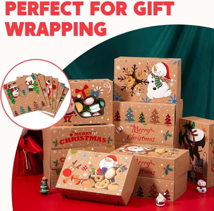 JOYIN 12PCS Christmas Cookie Boxes for Gift Giving, 8.75" x 5.75" x 2.75" Xmas Holiday Bakery Treat Boxes with Window, Kraft Cookie Tin Container Box for Baked Goods, Cupcake, Pastry, Candy, Doughnut