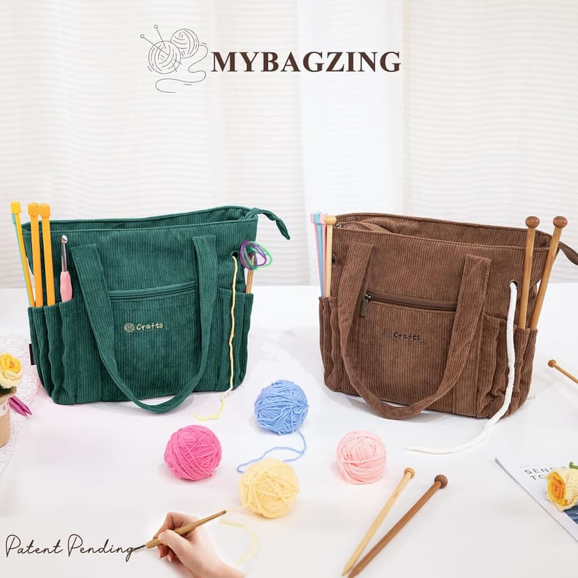 Crochet Bag and Tote - Corduroy Yarn Bag - Yarn Holder for Crocheting - Crochet Storage Bag for Crochet Hooks, Crochet Accessories, Knitting Bag for Crochet Lovers, Mother's Day Gift