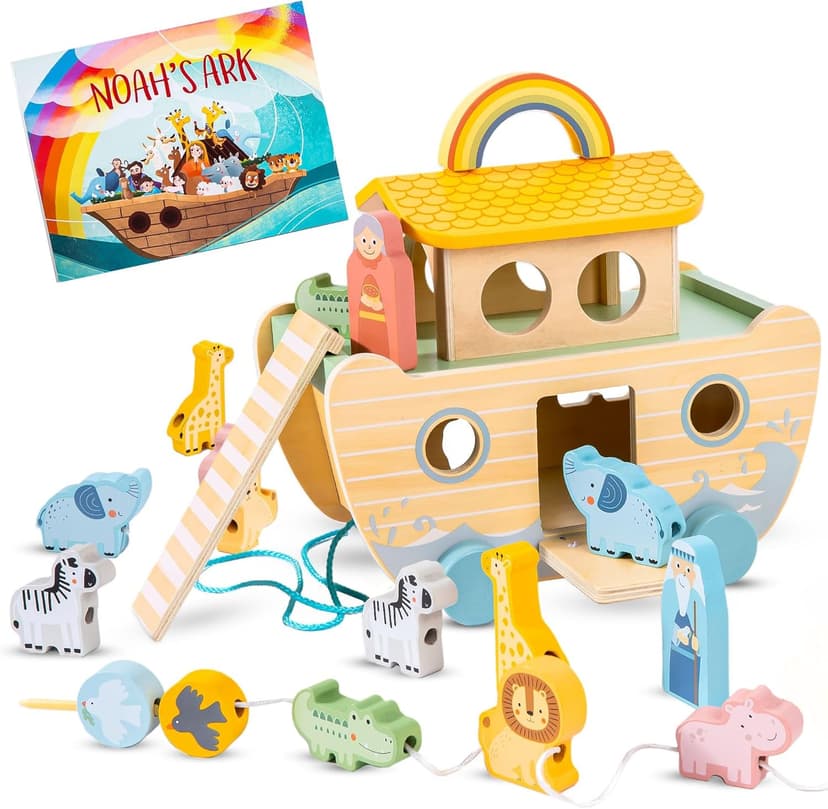 Wooden Noah’s Ark Toy - Baptism Gifts for Baby Girl, Boys & Kids | Fun Colorful Christening & Baptismal Gifts for Boys & Girls | Christian & Catholic Baby Gifts | Noahs Ark Toys for Toddlers from 2