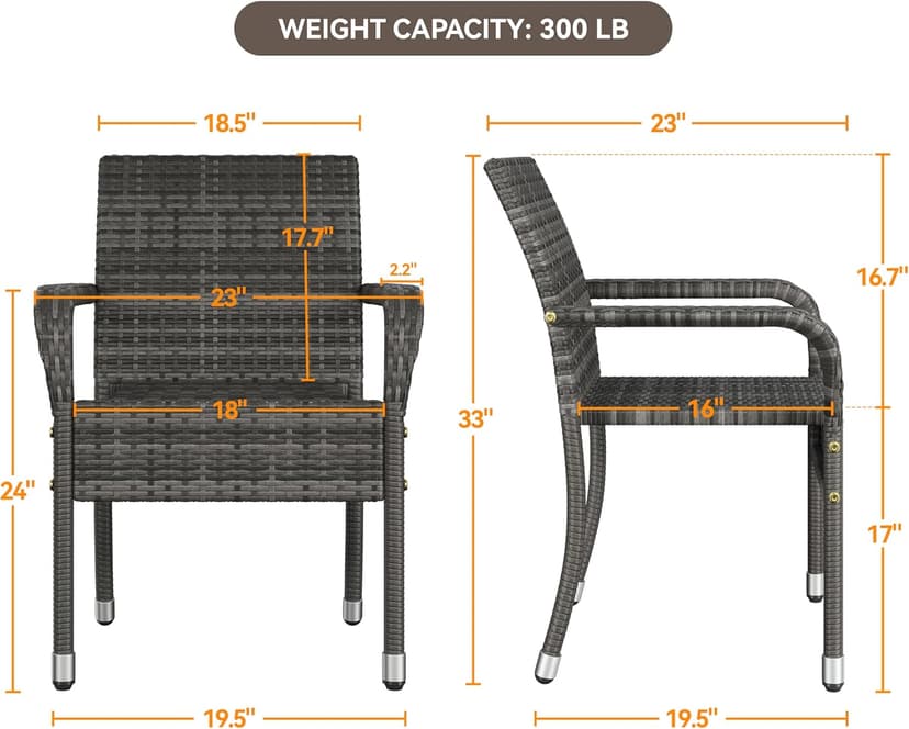 Yaheetech Set of 2 Stackable Outdoor Rattan Dining Chairs, All-Weather Firepits Armchair w/Armrests, Steel Frame for Garden, Patio, Deck, Yard, Poolside, Gray