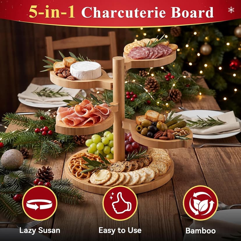 Tiered Charcuterie Board Gift for Women: Bamboo 360° Rotating Round Base with 4 Swivel Trays - White Elephant Gift, Holiday Hosting, Christmas, Birthday, Parties, House Warming Gift for Couples