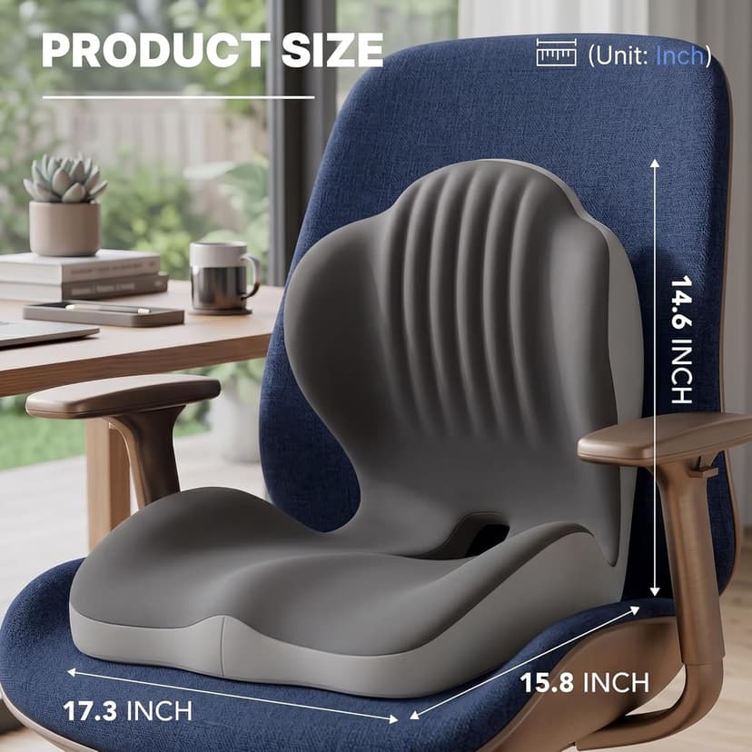 Ergonomic Office Chair Seat Cushion, L-Shaped Memory Foam Coccyx Cushion for Tailbone Pain Relief, Orthopedic Car Seat Cushion with Lumbar Support & Cutout Hollow for Sciatica & Back Pain (Grey