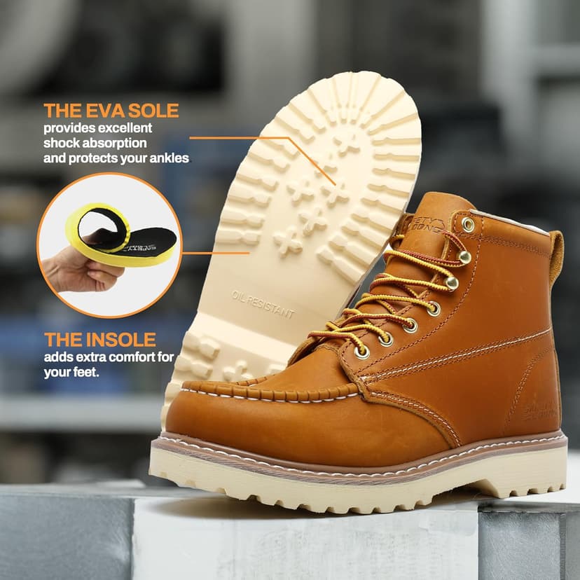 SAFETY LOONG Moc Toe Work Boots for Men Soft Toe Comfortable Full-Grain Leather 6" Non Slip and Water Resistant Safety Ankle Workboots