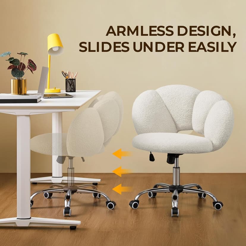 Yaheetech Boucle Upholstered Desk Chair Cloud-Shaped Vanity Chair Adjustable Home Office Computer with Rolling Wheels for Living Room, Bedroom White
