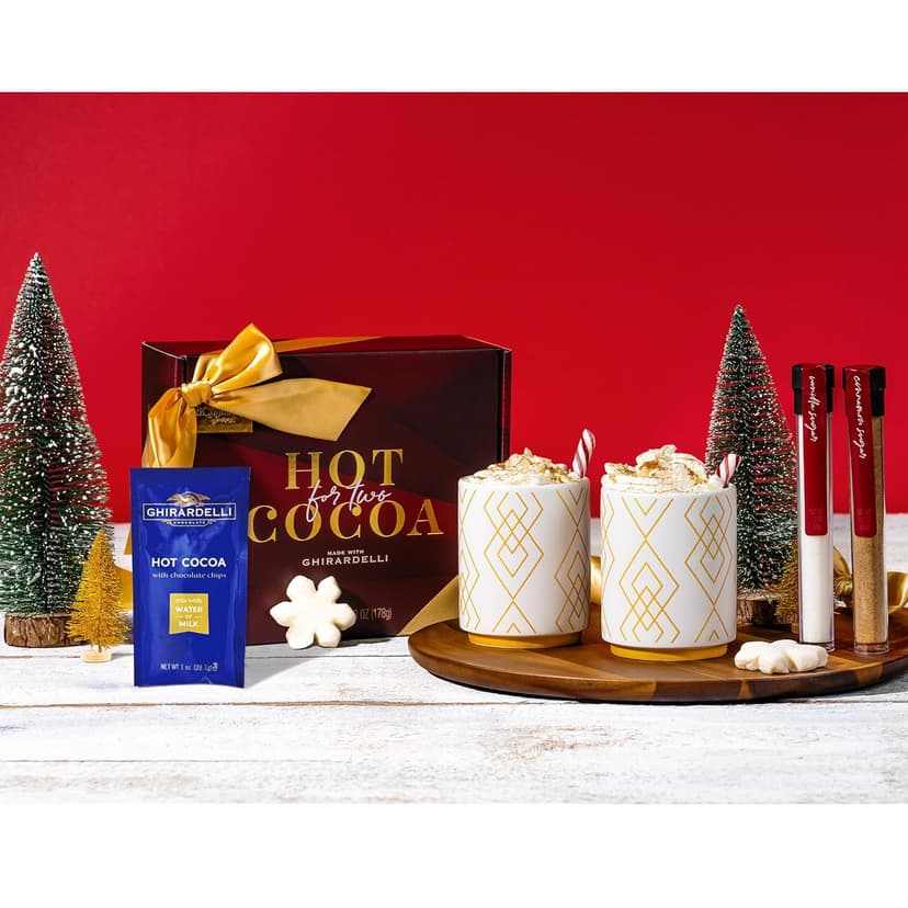 Hot Cocoa for Two Gift Set Made with Ghirardelli, Includes 2 Mugs, 2 Hot Cocoa Mixes, 2 Sugar Toppings, 2 Peppermint Stirrers & 2 Snowflake Marshmallows
