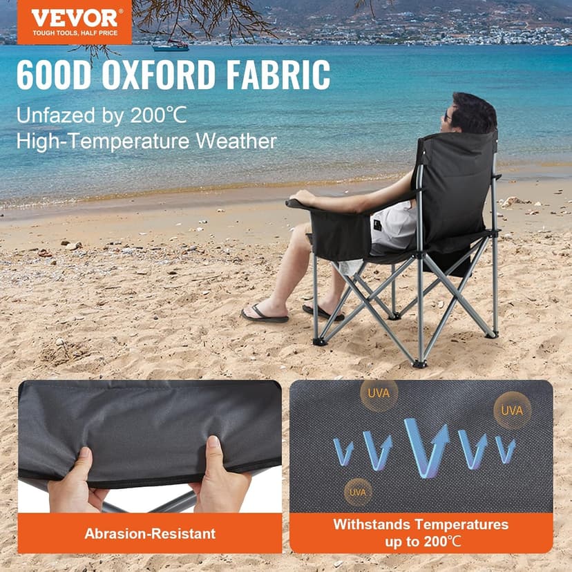 VEVOR Oversized Camping Folding Chair, Portable Heavy Duty Outdoor Quad Lumbar Back Padded with Side Pockets, Cup Holder and Cooler Bag for Beach, Lawn, Picnic, Fishing, Backpacking, Black